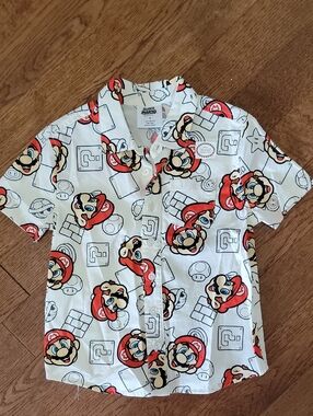 Nintendo White Short-Sleeve Button-Up Shirt with Red Mario Print